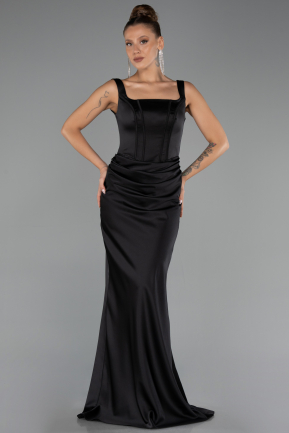 Long Black Satin Prom Gown ABU6542