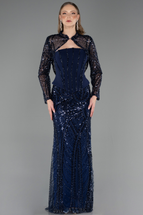 Long Navy Blue Beaded Evening Dress ABU6567