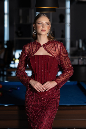 Long Burgundy Beaded Evening Dress ABU6567