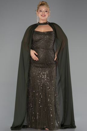 Long Olive Drab Beaded Plus Size Evening Dress ABU6545
