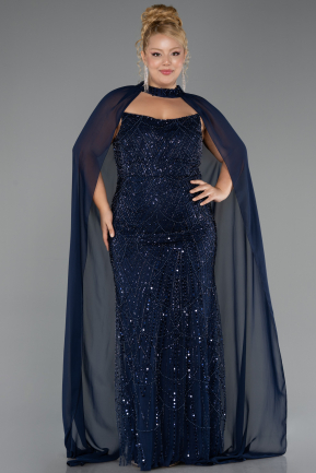 Long Navy Blue Beaded Plus Size Evening Dress ABU6545