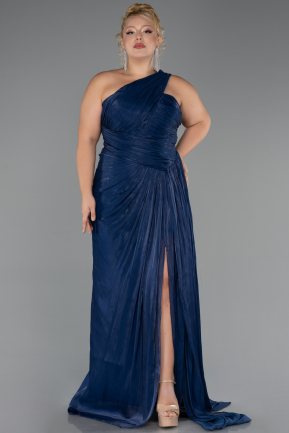 Long Navy Blue Chiffon Plus Size Evening Gown ABU6631