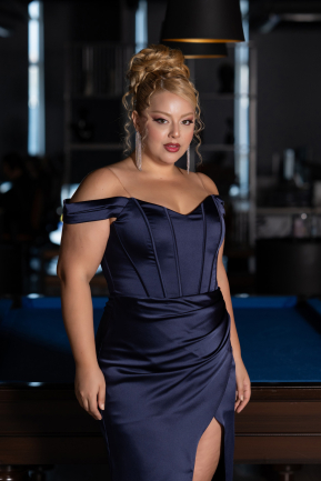 Long Navy Blue Satin Plus Size Evening Gown ABU6577
