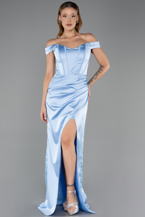 Long Light Blue Satin Prom Gown ABU6574