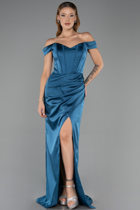 Long Oil Blue Satin Prom Gown ABU6574