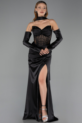 Long Black Satin Evening Dress ABU6616