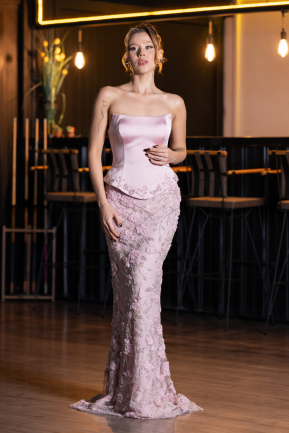 Long Powder Color Dantelle Evening Dress ABU6656