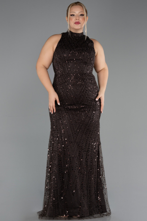 Long Dark Brown Beaded Plus Size Evening Gown ABU5063