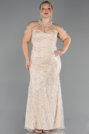 Long Beige Beaded Plus Size Evening Gown ABU6632