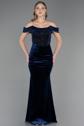 Long Navy Blue Velvet Evening Dress ABU6664