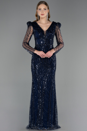 Long Navy Blue Beaded Plus Size Evening Gown ABU6661