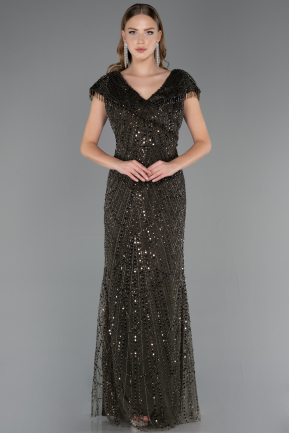 Long Olive Drab Beaded Plus Size Evening Dress ABU6672