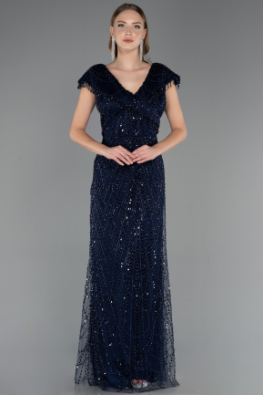 Long Navy Blue Beaded Plus Size Evening Dress ABU6672