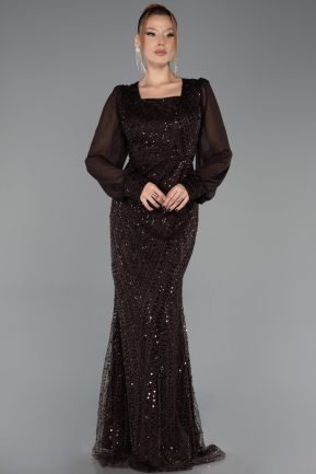 Long Brown Beaded Plus Size Evening Dress ABU6292