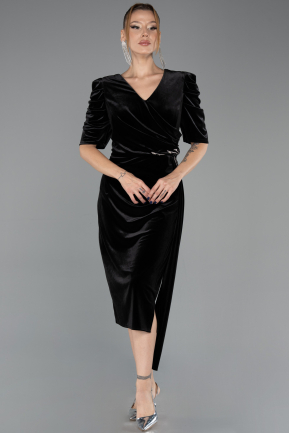Midi Black Velvet Plus Size Velvet Evening Dresses ABK2706