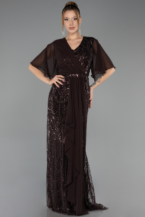 Long Brown Beaded Plus Size Evening Dress ABU6689