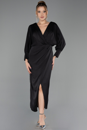 Midi Black Satin Plus Size Cocktail Dress ABK2709