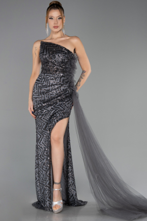 Anthracite Strapless Slit Long Train Sequin Mermaid Evening Gown ABU4772