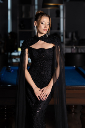 Long Black Beaded Evening Dress ABU6544