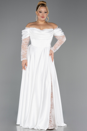 Long White Satin Formal Plus Size Dress ABU5261