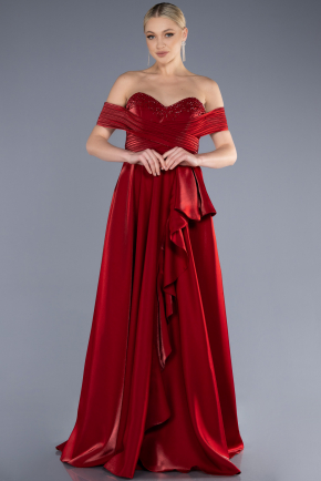 Simple V Neck Backless Red Satin Long Prom Dresses with High Slit, V N –  Shiny Party