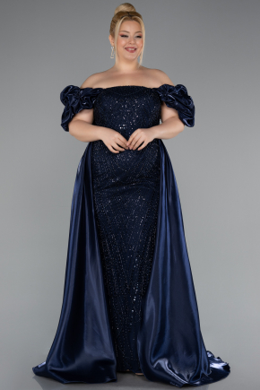 Long Navy Blue Satin Plus Size Evening Dress ABU2873 | Abiyefon.com