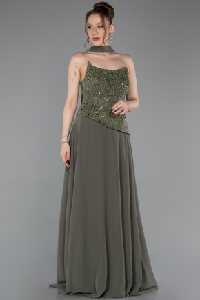 sachin and babi light blue dress Wedding Guest Olive Green Chiffon Dress One Shoulder Velvet Wedding Guest  Dress With Slit, Dark_Olive_Green main image 1
