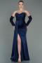 Long Navy Blue Satin Evening Dress ABU3175