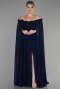 Long Navy Blue Chiffon Plus Size Evening Dress ABU3464