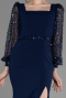 Navy Blue Scaly Long Sleeve Slit Evening Dress ABU3852