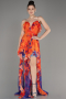 Orange Strapless Slit Printed Long Prom Dress ABU3975
