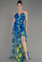 Sax Blue Strapless Slit Printed Long Prom Dress ABU3975