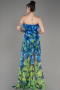 Sax Blue Strapless Slit Printed Long Prom Dress ABU3975