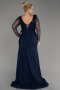 Navy Blue Sequined Long Sleeve Slit Pus Size Evening Dress ABU3284