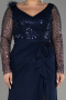 Navy Blue Sequined Long Sleeve Slit Pus Size Evening Dress ABU3284