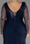 Navy Blue Sequined Long Sleeve Slit Pus Size Evening Dress ABU3284