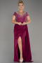 Plum Slit Beaded Long Satin Plus Size Evening Gown ABU4053