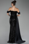 Black Boat Neck Slit Long Sequined Evening Gown ABU4085