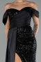 Black Boat Neck Slit Long Sequined Evening Gown ABU4085