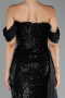 Black Boat Neck Slit Long Sequined Evening Gown ABU4085