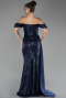 Navy Blue Boat Neck Slit Long Sequined Evening Gown ABU4085