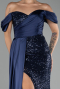Navy Blue Boat Neck Slit Long Sequined Evening Gown ABU4085