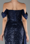 Navy Blue Boat Neck Slit Long Sequined Evening Gown ABU4085