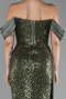 Olive Drab Boat Neck Slit Long Sequined Evening Gown ABU4085
