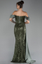 Olive Drab Boat Neck Slit Long Sequined Evening Gown ABU4085