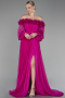 Fuchsia Floral Boat Neck Long Sleeve Chiffon Prom Gown ABU4130