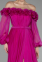 Fuchsia Floral Boat Neck Long Sleeve Chiffon Prom Gown ABU4130