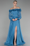 Indigo Floral Boat Neck Long Sleeve Chiffon Prom Gown ABU4130