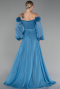 Indigo Floral Boat Neck Long Sleeve Chiffon Prom Gown ABU4130