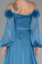 Indigo Floral Boat Neck Long Sleeve Chiffon Prom Gown ABU4130